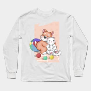 A Cute Corgi Makes Friend With A White Cat Long Sleeve T-Shirt